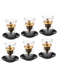 Buy A set of 6 double glass tea cups with 6 black porcelain tea saucers in Saudi Arabia