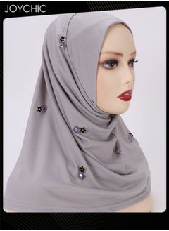 Buy Crystal Diamond  Decoration Satin Women Muslim  Headwear Wearable Traditional Wear Long Fashion Head Scarf for Ladies All Seasons Hijab Grey in UAE