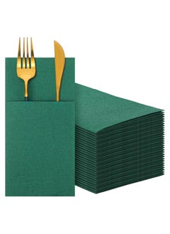 اشتري Linen Feel Napkins, Disposable Airlaid Paper Napkins Prefolded Dinner Napkins with Built in Flatware Pocket for Silverware Wedding Party (Dark Green,50 Pieces) في السعودية