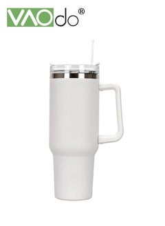 Buy Stainless Steel Double Layer Vacuum Hot Water Cup With Handle Lid and Straw To Keep Drinks Cool For Up To 24 Hours Dishwasher Safe 1200ml White in Saudi Arabia