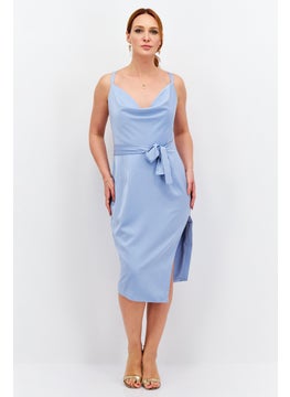 اشتري Women Belted Cowl Neck Side Slit Midi Dress, Light Blue في السعودية