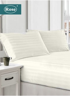 Buy Rose Luxurious Hotel Stripe Fitted Sheet with Deep Pockets and Pillow Cases, Bed Sheet 3-Pieces Set, Soft & Silky Microfiber Fabric, Breathable and Cooling (King Size 200X200+35 cm - Off white) in Saudi Arabia