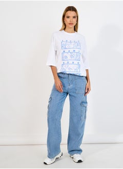 Buy High Rise Wide Leg Flap Pocket Cargo Jeans in Saudi Arabia