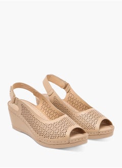 Buy Women Cutwork Detail Wedge Heel Sandals with Hook and Loop Closure in Saudi Arabia