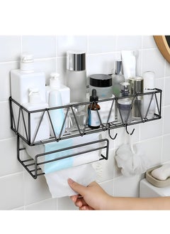 Buy Floating Shower Caddy Self-Bathroom Organizer with Tissue Holder and Hooks.No-Drilling Long time Rustproof Iron Wall-Mounted Cosmetic Storage Shelves for Toilet and Kitchen in UAE