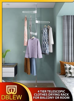 Buy 4 Tier Adjustable Telescopic Corner Clothes Drying Rack Floor To Ceiling Standing Tension Pole For Hat Socks Dress Tree Hanger Coat Storage Organizer Balcony Laundry Garment Rack With 4 Arms in UAE