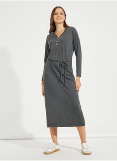 Buy Solid Midi Dress with Tie Up Detail & Long Sleeve in Saudi Arabia