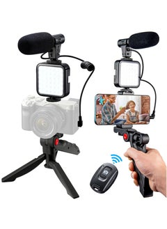 Buy Vlogging"Like Me" LED Video Light + Microphone + Mobile Phone Holder + Hand Grip/Mini Tripod Compatible with Smartphones for TikTok, Youtube, Live Streaming and Meetings in UAE