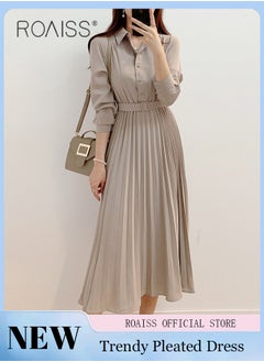 Buy Elegant Lapel Shirt Dresses for Women French Solid Color Long Sleeve Buttoned Pleated Hem High Waist Dress Ladies Simple Premium Temperament Wedding Guest Costumes with Belt in Saudi Arabia