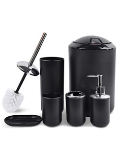 اشتري Bathroom Accessories Set, Plastic Gift Bath Set of 6 with Trash Can, Toilet Brush, Toothbrush Holder, Soap Dispenser, Soap Dish, Soap and Lotion Set (Black) في السعودية