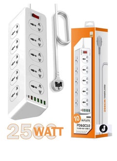 اشتري 2500W 10-Way Outlet Power Strip with 30W QC 3.0 PD USB-C and 5 USB-A Ports – 2 Meter Extension Cord, Surge Protection for Home & Office Use في الامارات