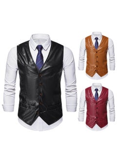 اشتري Mens PU Vest Vintage V-Neck Casual Waistcoat Black في الامارات