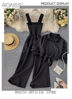 Buy 2-Piece Women Casual Suit Lapel Neck Shirt and Sling Pleated Wide Leg Jumpsuit Candy Color Matching Waist Design Ideal for Daily Commuting Wear in UAE