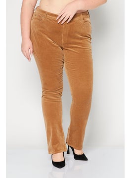 Buy Women Regular Fit Mid Waist Corduroy Pants, Tan in UAE