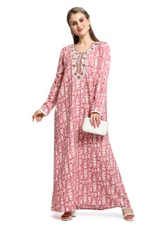 Buy FLORAL EMBROIDRED DUTY PINK COLOUR WITH PRINTED ARABIC KAFTAN JALABIYA DRESS in UAE