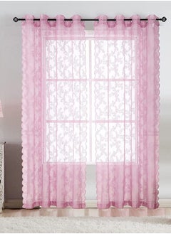 Buy 2-Piece Grommet Rose Lace Light Filtering Sheer Window Curtains for Bedroom Living Room Pink in UAE