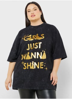 Buy Princess Plus Size Oversize Acid Wash Slogan T-Shirt in UAE