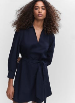 Buy V-Neck Puff Sleeve Belted Dress in Saudi Arabia