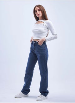 Buy High-Waist Navy Blue Straight Leg Jeans. in Saudi Arabia