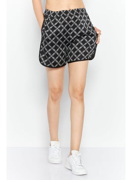 Buy Women Monogram Satin Basic Shorts, Black/White in UAE