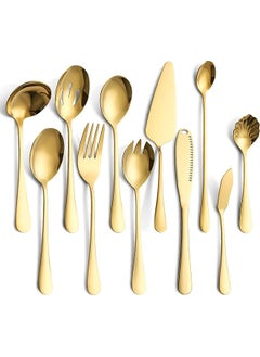 اشتري Bifrost 11 Pieces Cutlery Serving Set,Stainless Steel Flatware,Buffet Catering Salad Serving Fork,Butter Spreader,Cake/Cheese knife,Serrated Edge,Mirror Finish,Dishwasher Safe (Gold) في الامارات