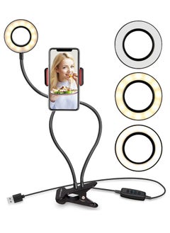 Buy Selfie Ring Light with Cell Phone Holder Stand for Live Stream Makeup LED Camera Lighting 3-Light Mode 10-Level Brightness with Flexible Arms Compatible with All Phones in UAE