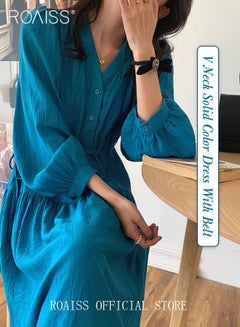 Buy Women's Casual Dress Waisted Drawstring Puff Sleeve Retro V-neck Comfortable Loose Style Solid Color for Ladies Summer Outfit in Saudi Arabia