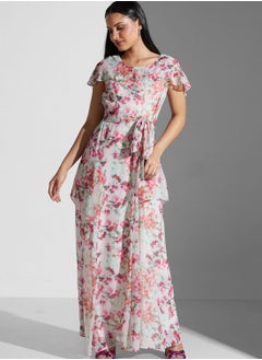 Buy Flutter Sleeve Floral Print Ruffle Detail Dress in UAE