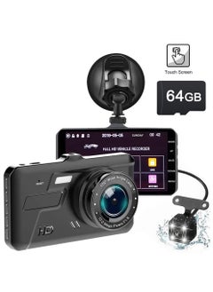 Buy Dash Cam, 1280p Front and Rear Dash Cam, HD front Camera with 64G Memory card, 11*6cm Viewing Screen, Touch Screen - Black in Saudi Arabia