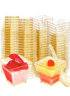 Buy Mini Glitter Dessert Cups, Disposable Square Plastic Cake Cups with Spoons Set for Parties Birthday Dinner Party 60ml Small Quartet of Tasting 100pcs (50 + 50 Spoons) in UAE