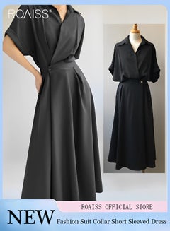 Buy Women's Fashionable Temperament Lapel Shirt Dress Versatile Waist Tightening Short Sleeved A-Line Dress Back Waist Elastic Design Suit Dress in Saudi Arabia