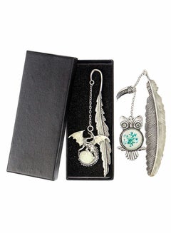 Buy Bookmark, Vintage Feather Metal Bookmark, 2 Pack Handmade Metal Feather Pendant Gifts Book Markers, Glow in The Dark Bookmark, for Book Lovers, Luminous Feather Bookmark(Dragon and Owl Antique Silver) in UAE