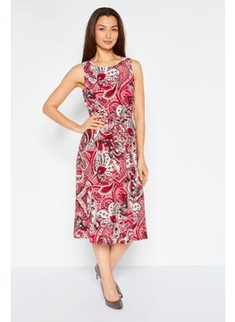 Buy Women Paisley Print Belted Midi Dress, Red/White in UAE