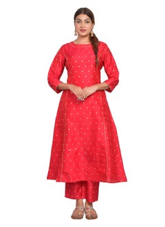 Buy Women Bright Red Kurta Pant Set Summer Suit Solid Colour Flared Kurti with Pant Casual Kurta Set for Girls Art Silk (Taffeta Booty) Size L in UAE