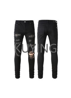 اشتري High Street Cross Border Men's Jeans Black Cat Beard Sticker Diamond Jeans Youth Slim Fit Feet Pants في الامارات