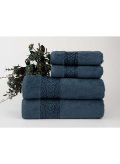 Buy Towel 4 Piece Bathroom  Set - BLOCKS - 500 GSM - 100% Cotton Terry - Jacquard Border- 2 Bath  70X140 cm & 2 Hand  50x90 cm- Luxury Touch - Extra Absorbent-Blue in UAE