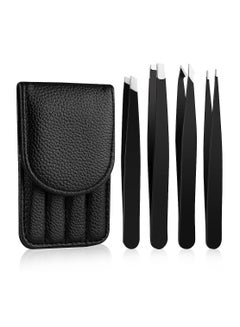 Buy Lifenpure™ stainless steel eyebrow and eyelash tweezer set of 4 piece with leather case in UAE