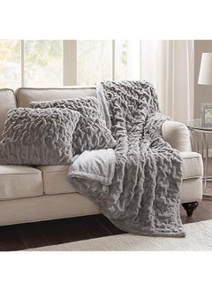 Buy Spaces Ruched Faux Fur Plush 3 Piece Throw Blanket Set Ultra Soft Fluffy With 2 Square Pillow Covers, 50"x60", Grey in UAE