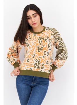 Buy Women Crew Neck Abstract Pattern Sweatshirt, Orange/Olive in Saudi Arabia