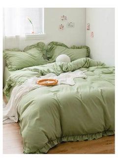 Buy 6-Piece Premium Solid Green Color King Size Duvet Cover Set with Contrasting White Ruffle Pillows Korean Style Includes 1xDuvet Cover 220x240cm, 1xFitted sheet 200x200cm+30cm, 4xPillowcases 50x75cm in UAE