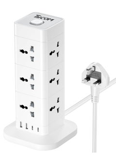 Buy Power Cord Strip Surge Protector with USB Type C Extension Cord Flat Plug with 12 AC Outlet and 2 USB 1 Type C Small Desktop Station Compact Socket 3 Tiers Grey and White. in UAE