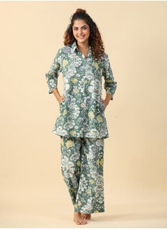 اشتري Floral Print Longline Shirt with Pockets & Wide Leg Pants Co-Ord في السعودية