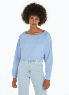 Buy Women's Essential Boat Neck Cropped Jumper -  Organic cotton blend terry, Blue in Saudi Arabia