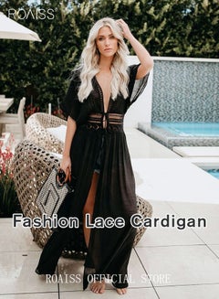 Buy Women Lace-up Beach Blouse Cover Beachwear Up Embroidery Mesh Dress Kimonos Bathing Suit Sunscreen Swim Skirt Hollow Lace Cardigan for Summer in Saudi Arabia