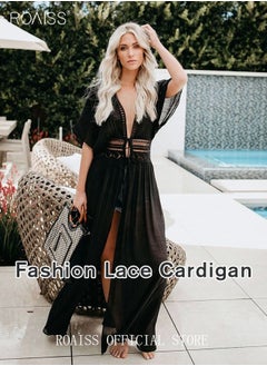 اشتري Women Lace-up Beach Blouse Cover Beachwear Up Embroidery Mesh Dress Kimonos Bathing Suit Sunscreen Swim Skirt Hollow Lace Cardigan for Summer في السعودية