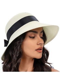 اشتري Sun Straw Hat for Women with Wind Lanyard Wide Brim Foldable Beach Summer Hats Womens UV 50+ Protection Bowknot Cap (Beige) في الامارات