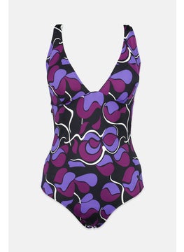 Buy Women Padded Printed One Piece Bodysuit, Black and Purple in Saudi Arabia