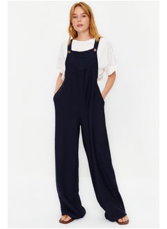 Buy Navy Blue Wide Leg Maxi Gilet Woven Linen Blended Jumpsuit TWOSS21TU0090 in Egypt