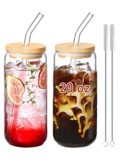 اشتري 20 OZ Glass Cups with Bamboo Lids and Glass Straw -2pcs Set Beer Can Shaped Drinking Glasses, Iced Coffee Glasses, Cute Tumbler Cup, Aesthetic Coffee Bar Accessories, Gifts في الامارات