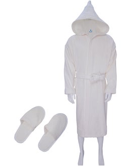 Buy Soft cotton unisex bathrobe with a pocket and a waist belt with a distinctive slipper, elegant design, white color, multiple sizes in Saudi Arabia